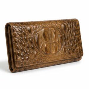 Brahmin Melbourne Checkbook Wallet Brown Embossed Leather Snap Close Card Holder